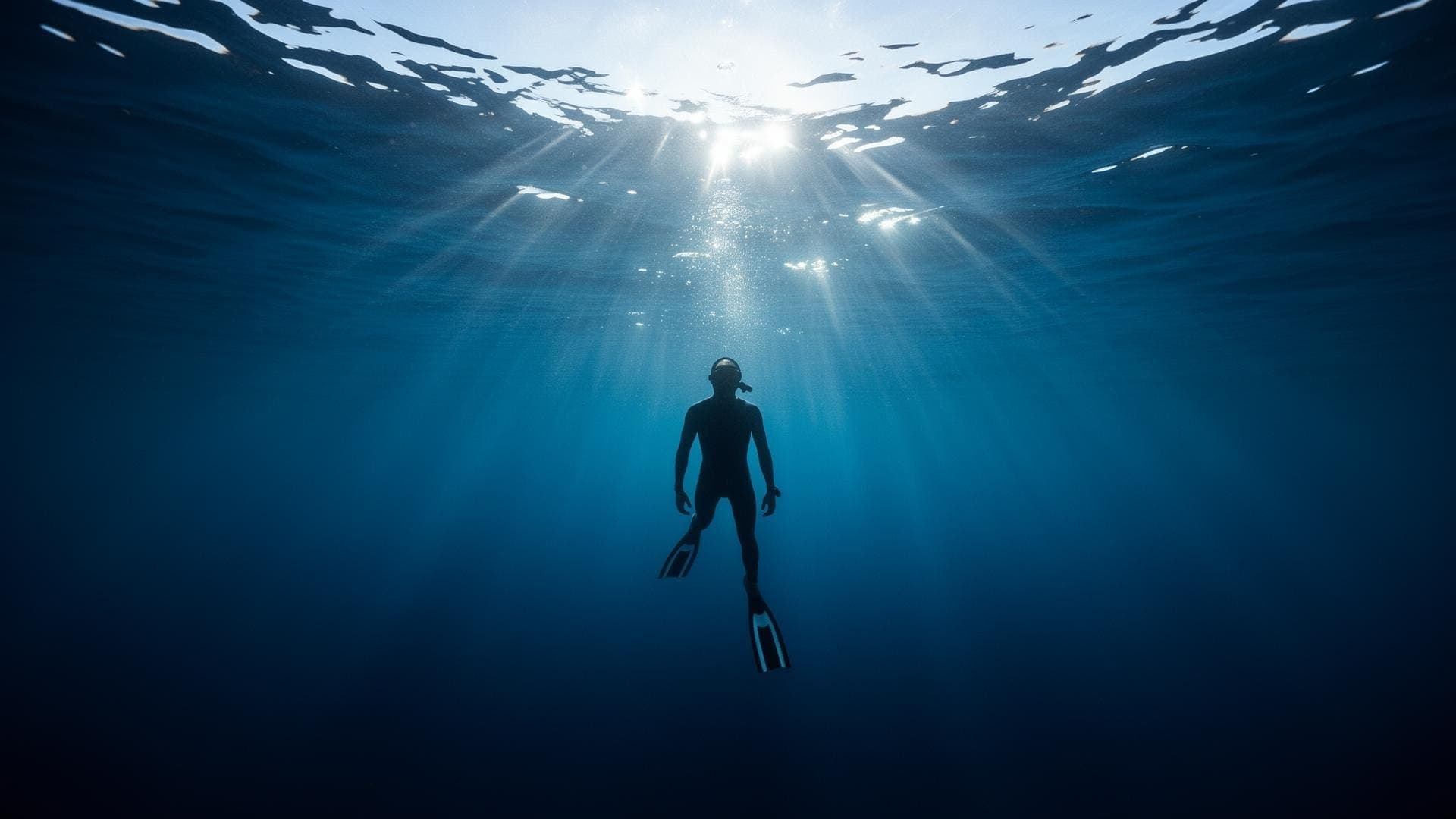 Freediver descending into the deep blue ocean