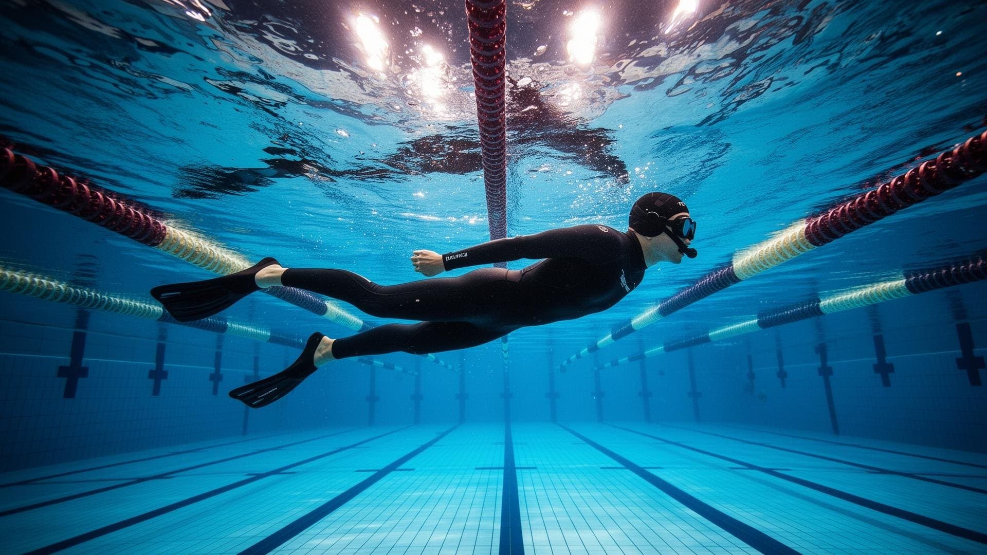 Freediver training dynamic apnea in swimming pool